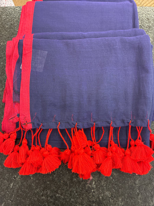 Soft Mul Cotton saree - Navy blue with pink border