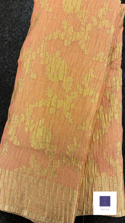 Banarasi Crush Tissue Saree in Floral pattern Jaali - Peach