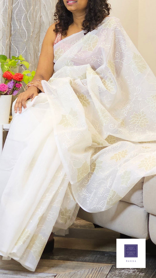Kota cotton saree with floral embroidery and appliqué - Off White