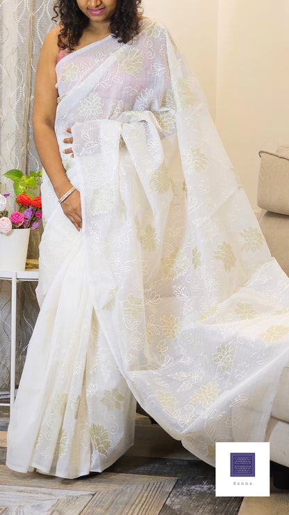 Kota cotton saree with floral embroidery and appliqué - Off White