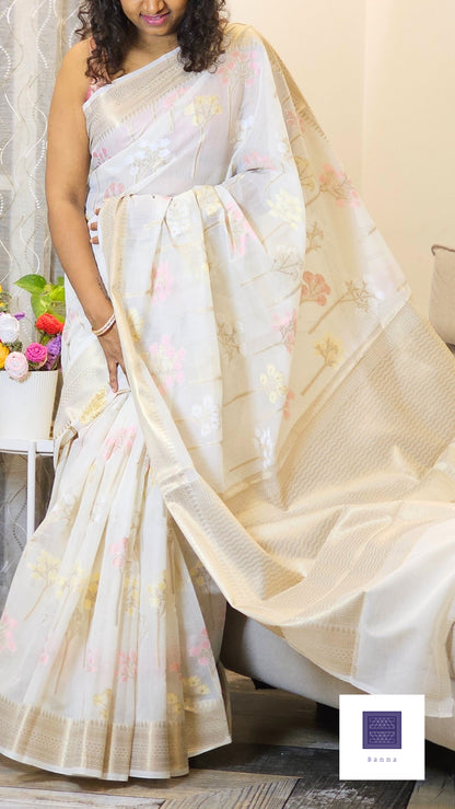 Banarasi cotton saree with floral weaving - Off White