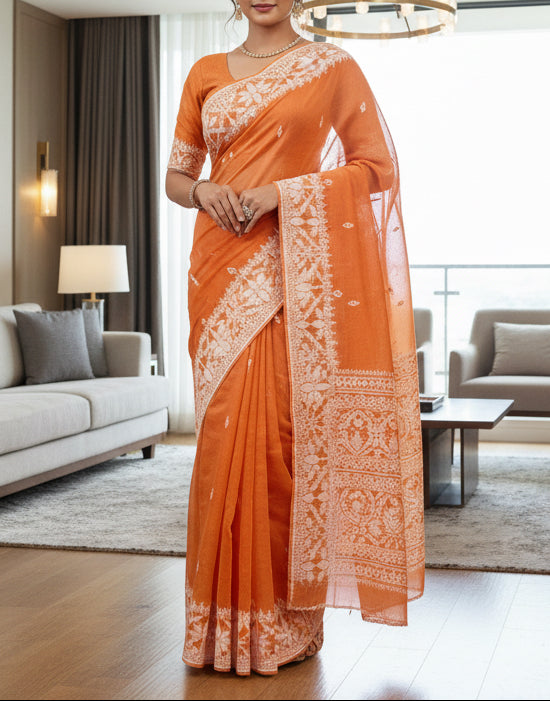 Jamdhani Cotton Saree - Light Orange
