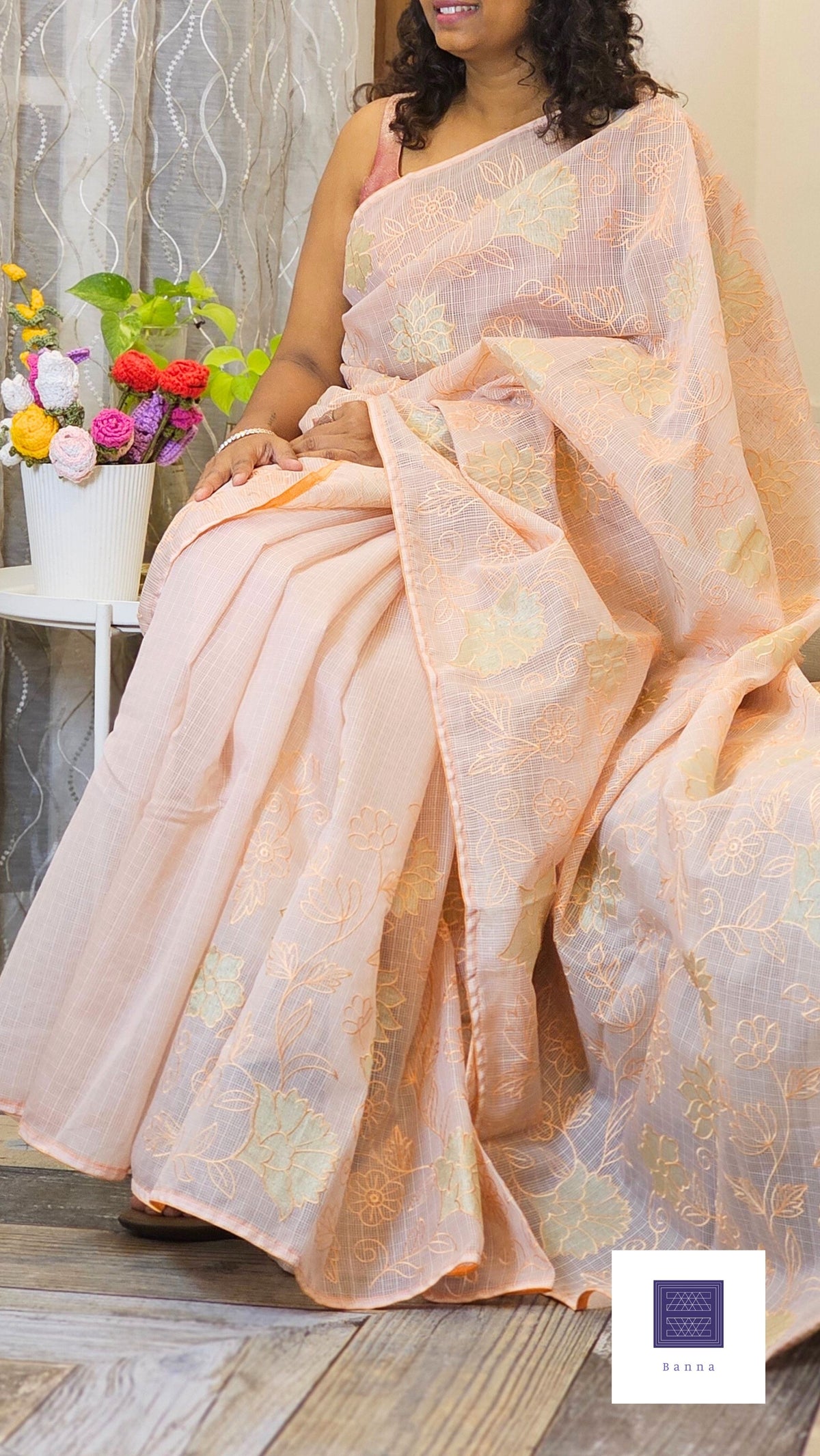 Kota cotton saree with floral embroidery and appliqué - Peach
