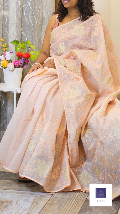 Kota cotton saree with floral embroidery and appliqué - Peach