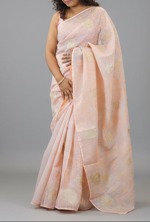 Kota cotton saree with floral embroidery and appliqué - Peach