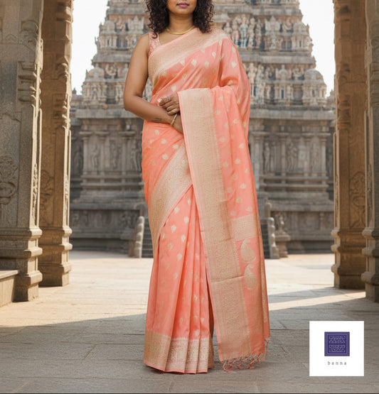 Banarasi Khaddi semi georgette Saree - Pastel peach and Gold