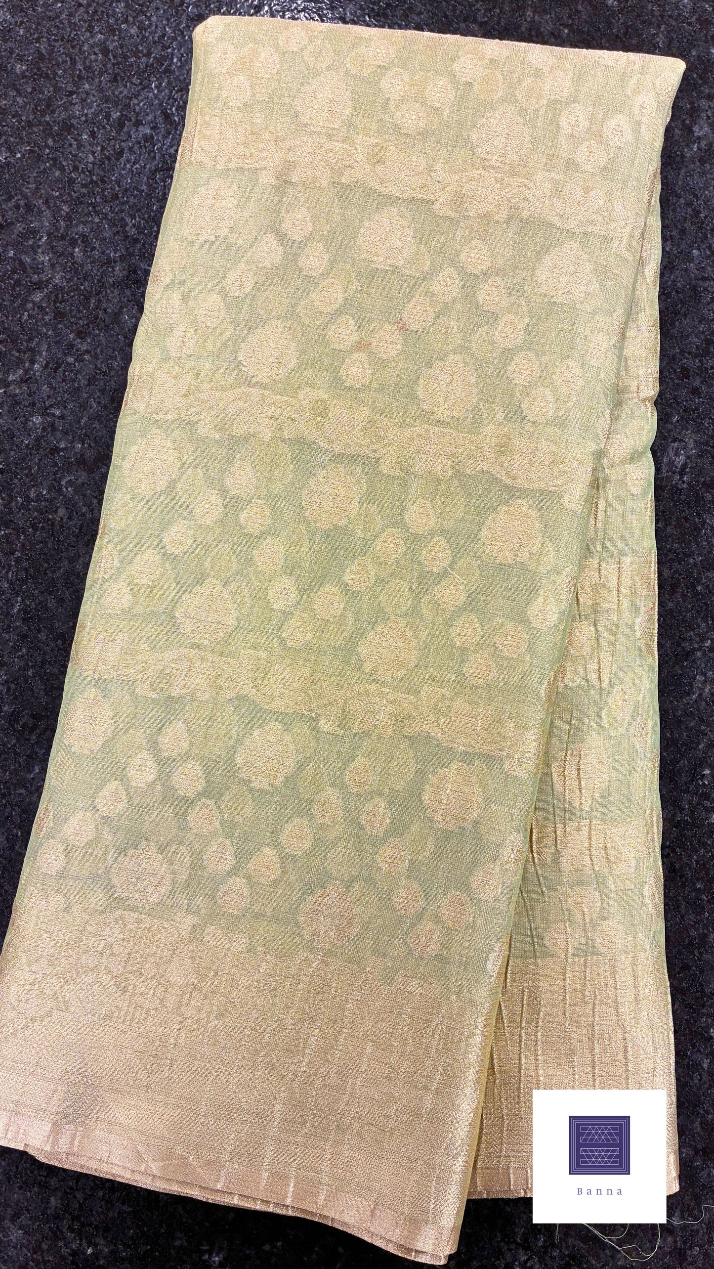 Banarasi Crush Tissue Saree in floral pattern - Pastel Green and Gold