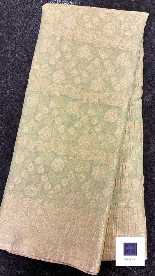 Banarasi Crush Tissue Saree in floral pattern - Pastel Green and Gold
