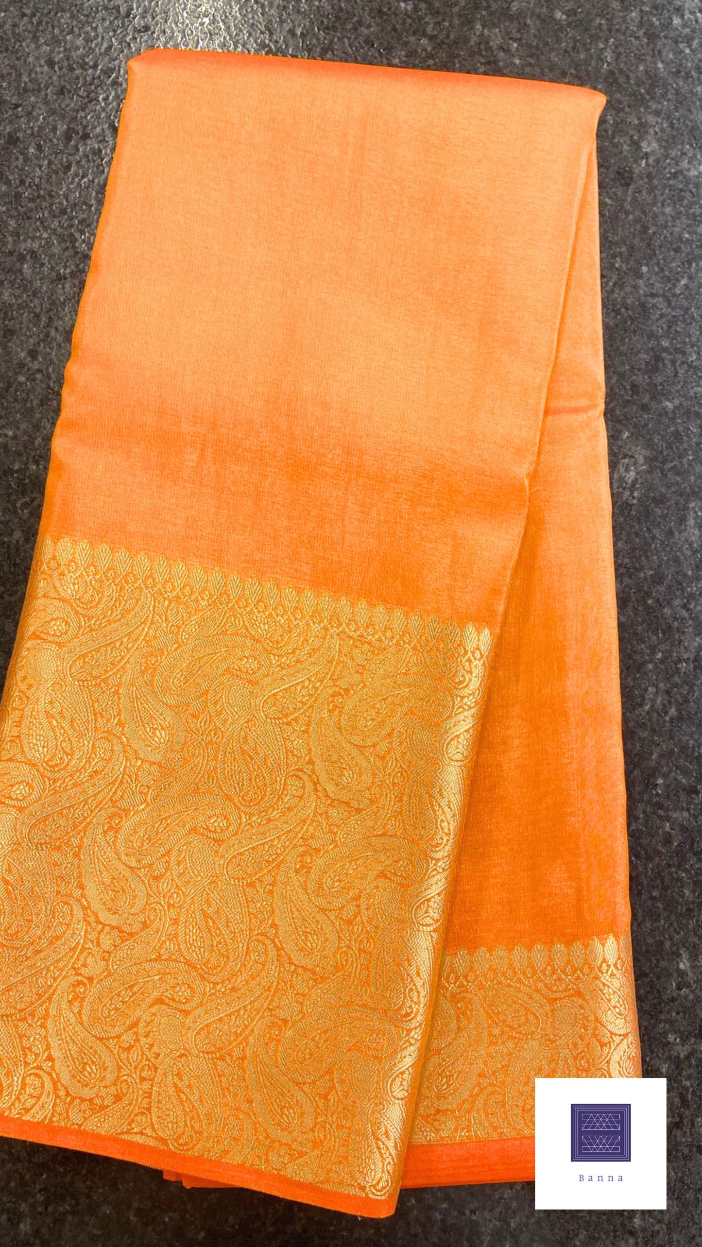Tissue Silk Solid Long Border Saree - Light Orange
