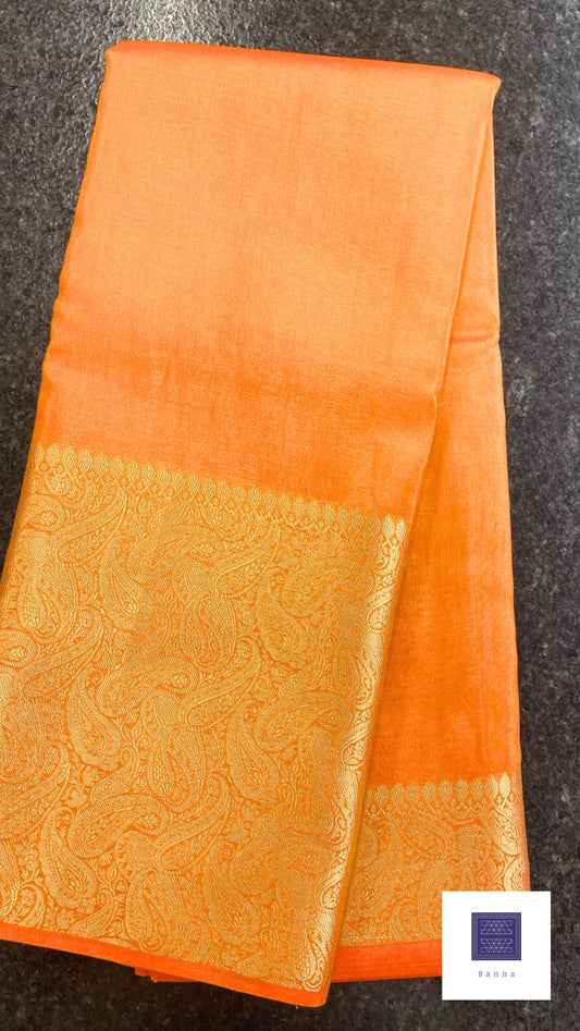Tissue Silk Solid Long Border Saree - Light Orange
