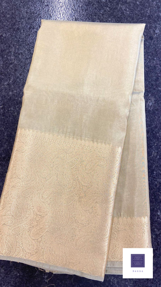 Tissue Silk Solid Long Border Saree - Green Grey Pastel