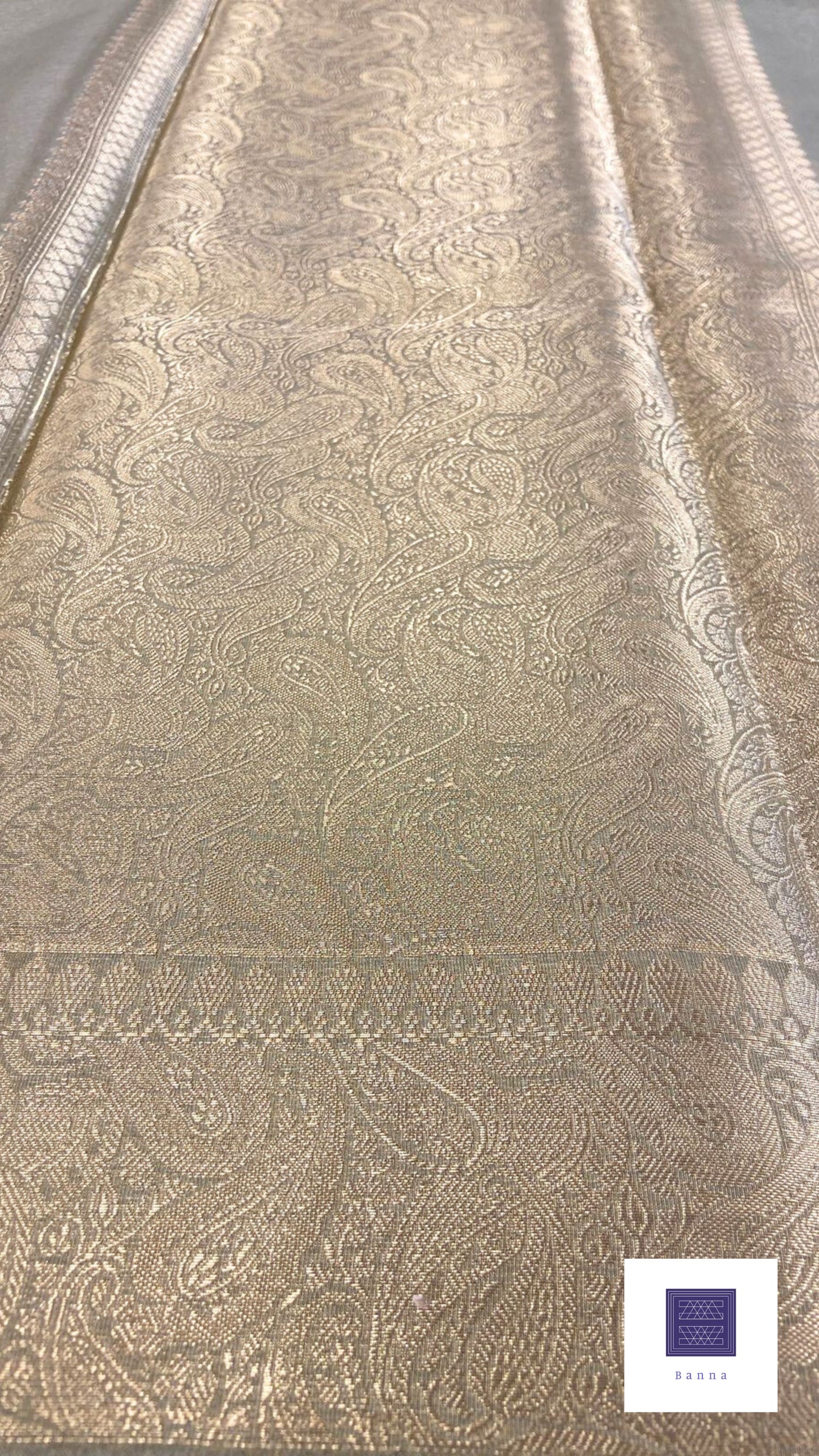 Tissue Silk Solid Long Border Saree - Green Grey Pastel