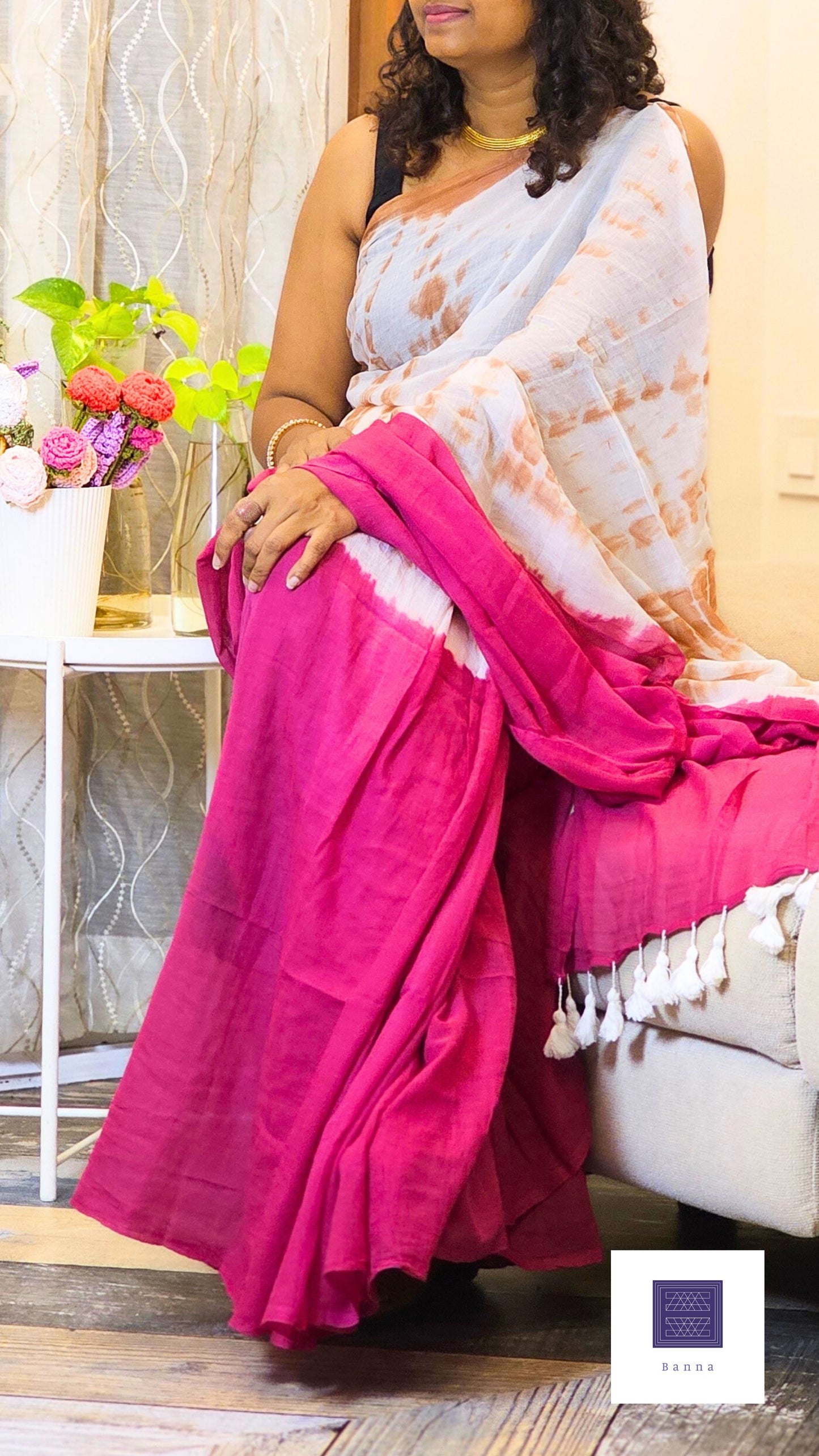 Soft Mul Cotton saree - Beige and Pink