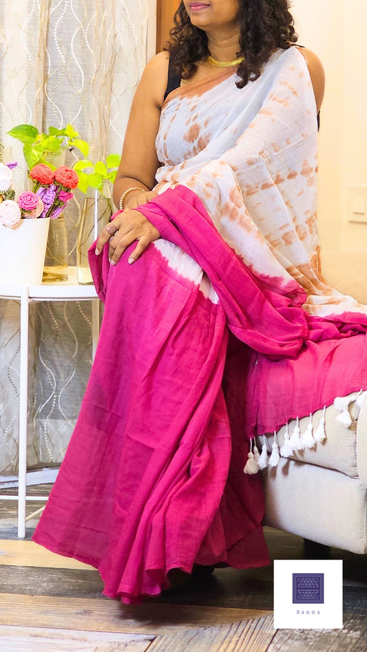 Soft Mul Cotton saree - Beige and Pink