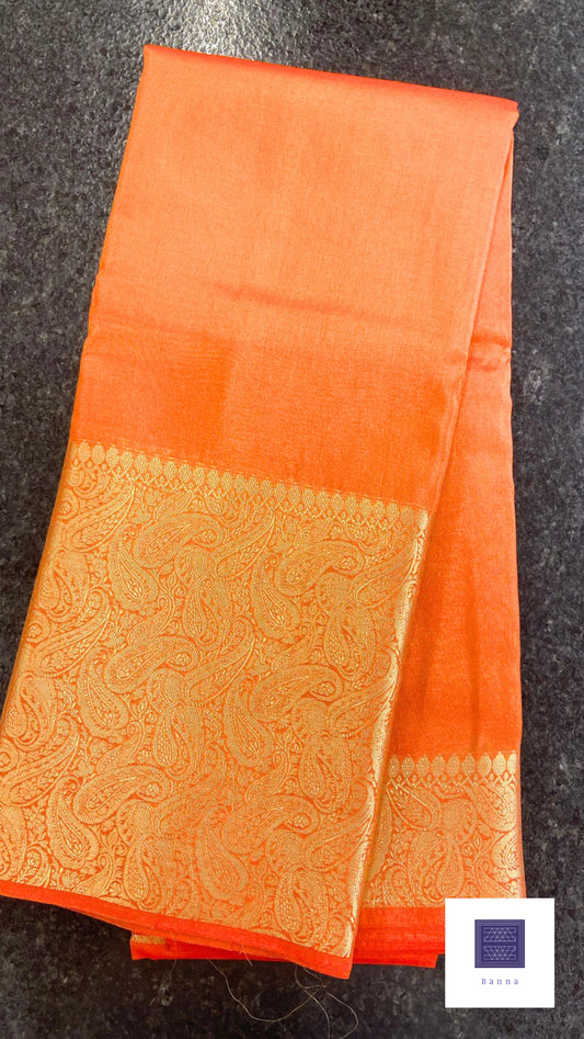 Tissue Silk Solid Long Border Saree - Dark Orange
