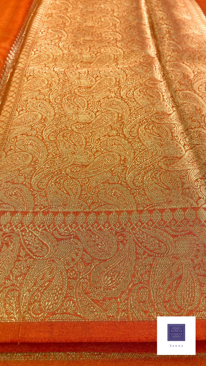 Tissue Silk Solid Long Border Saree - Dark Orange