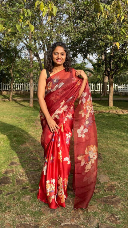 Half and half finest pure Kora Silk and satin saree - Red