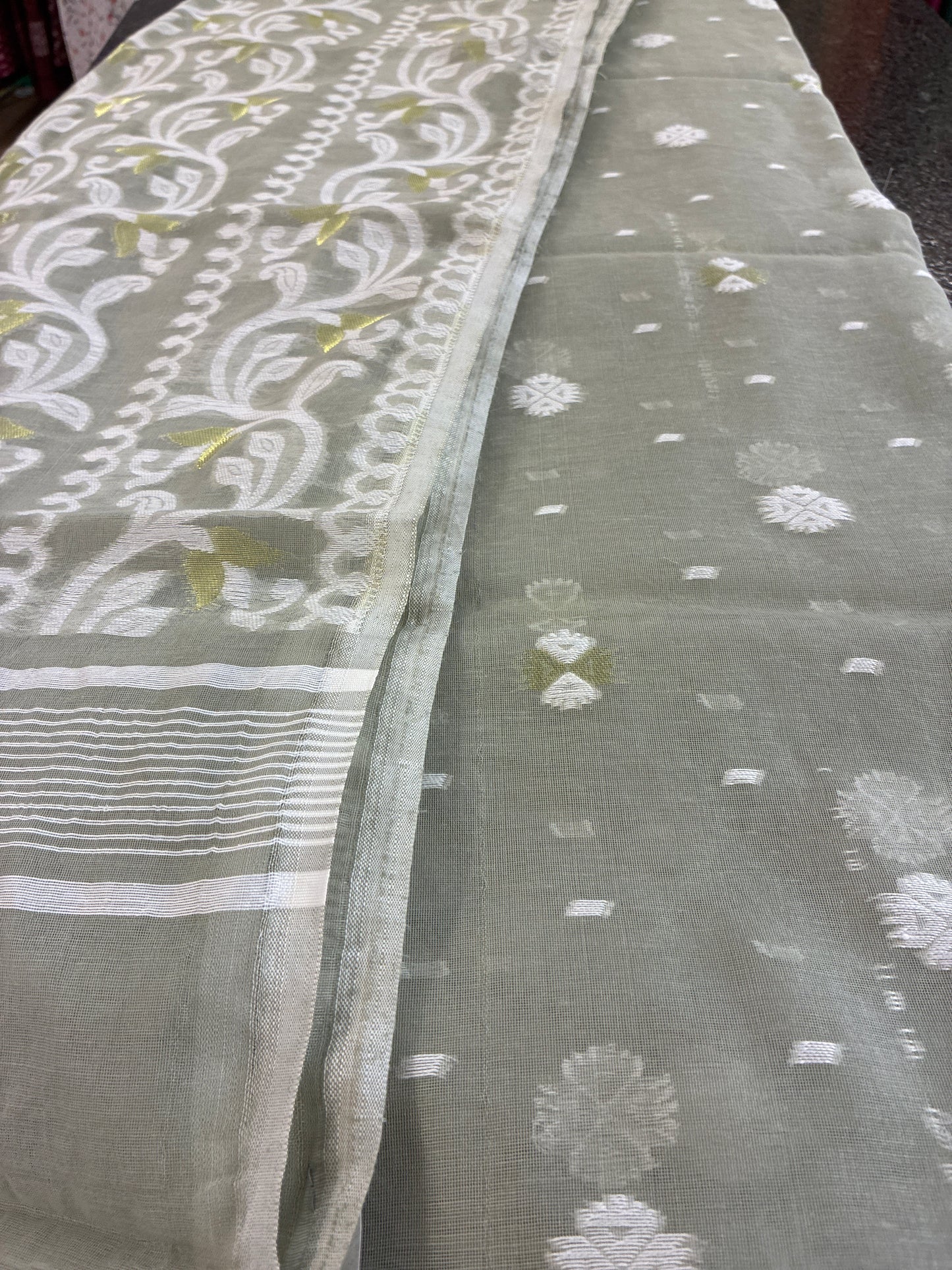 Jamdhani Cotton Saree - Greenish Grey