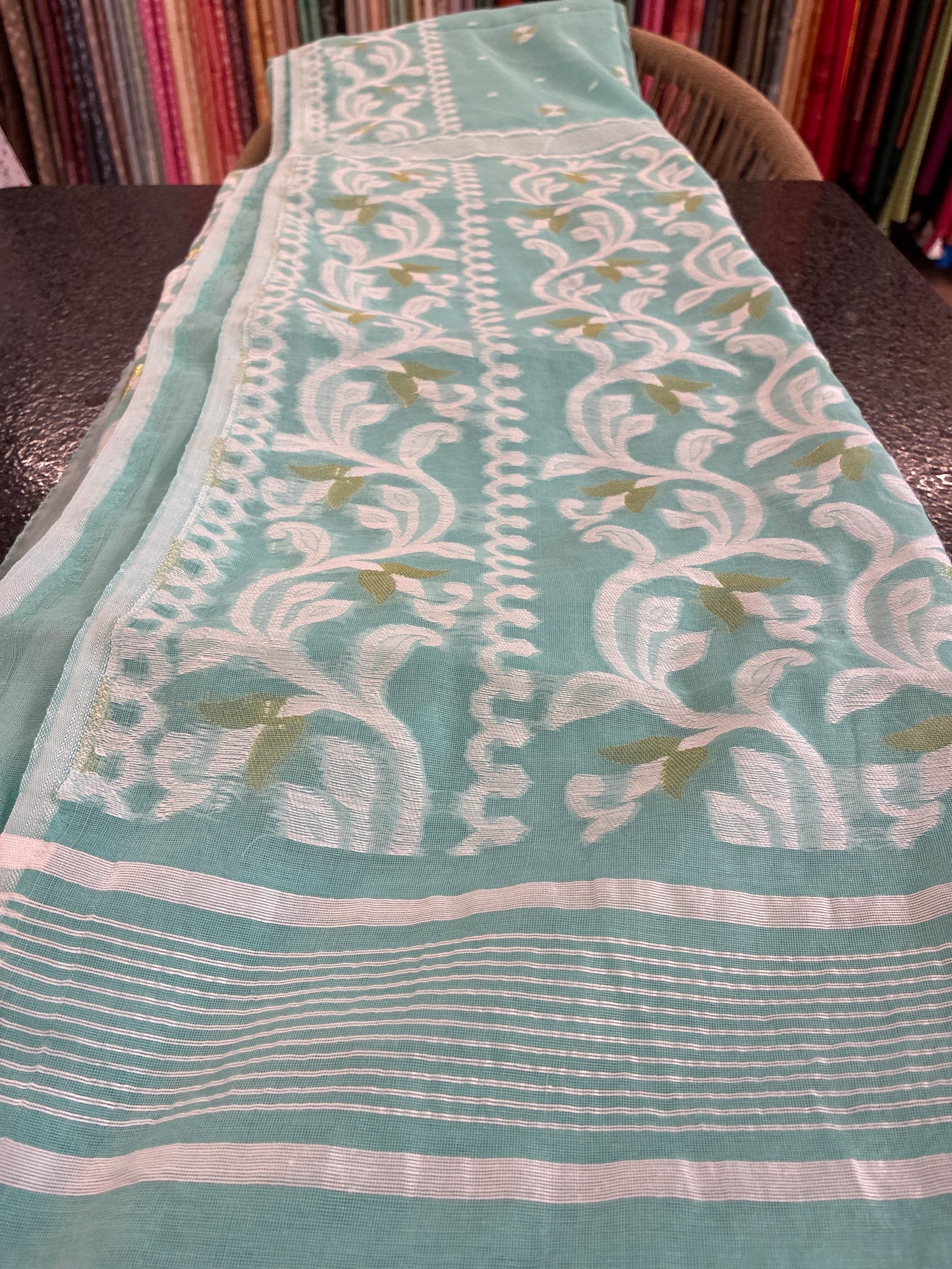 Jamdhani Cotton Saree - Aqua green