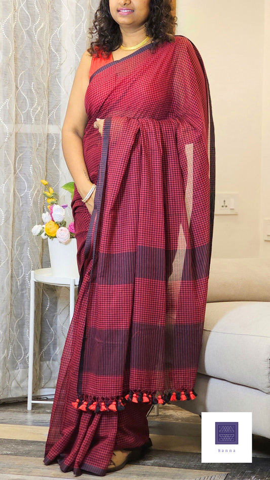 Soft Mul Cotton Checkered saree - Black and Red