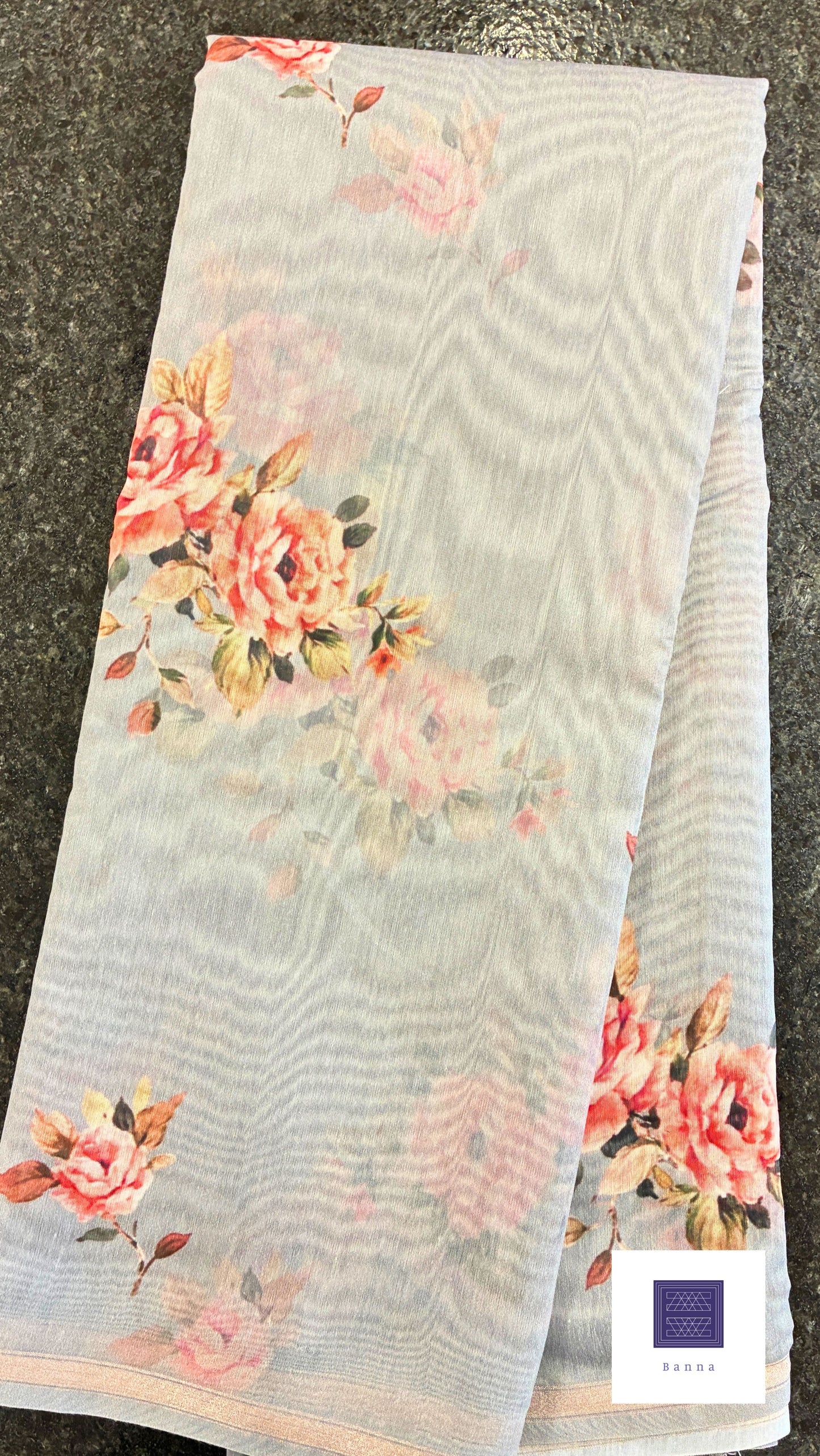 Cotton floral prints saree - Light gray