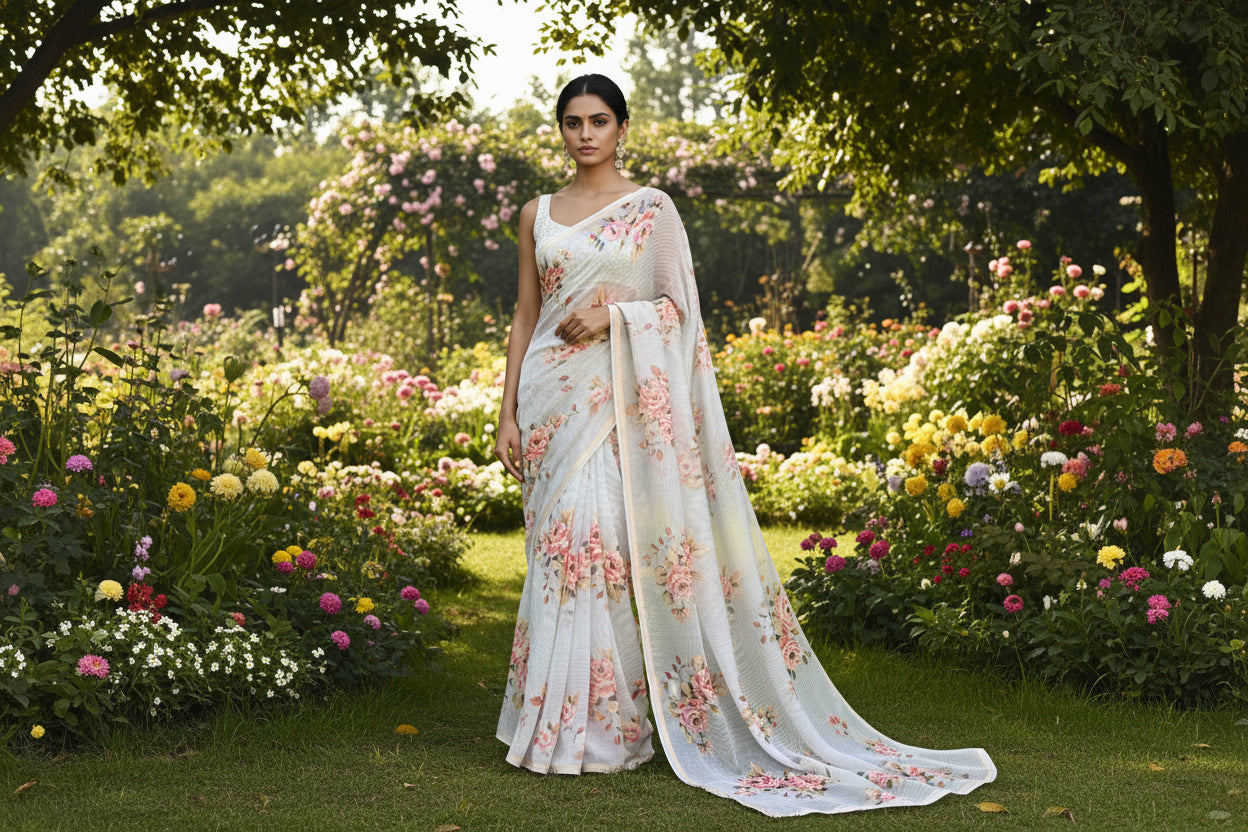 Cotton floral prints saree - Light gray