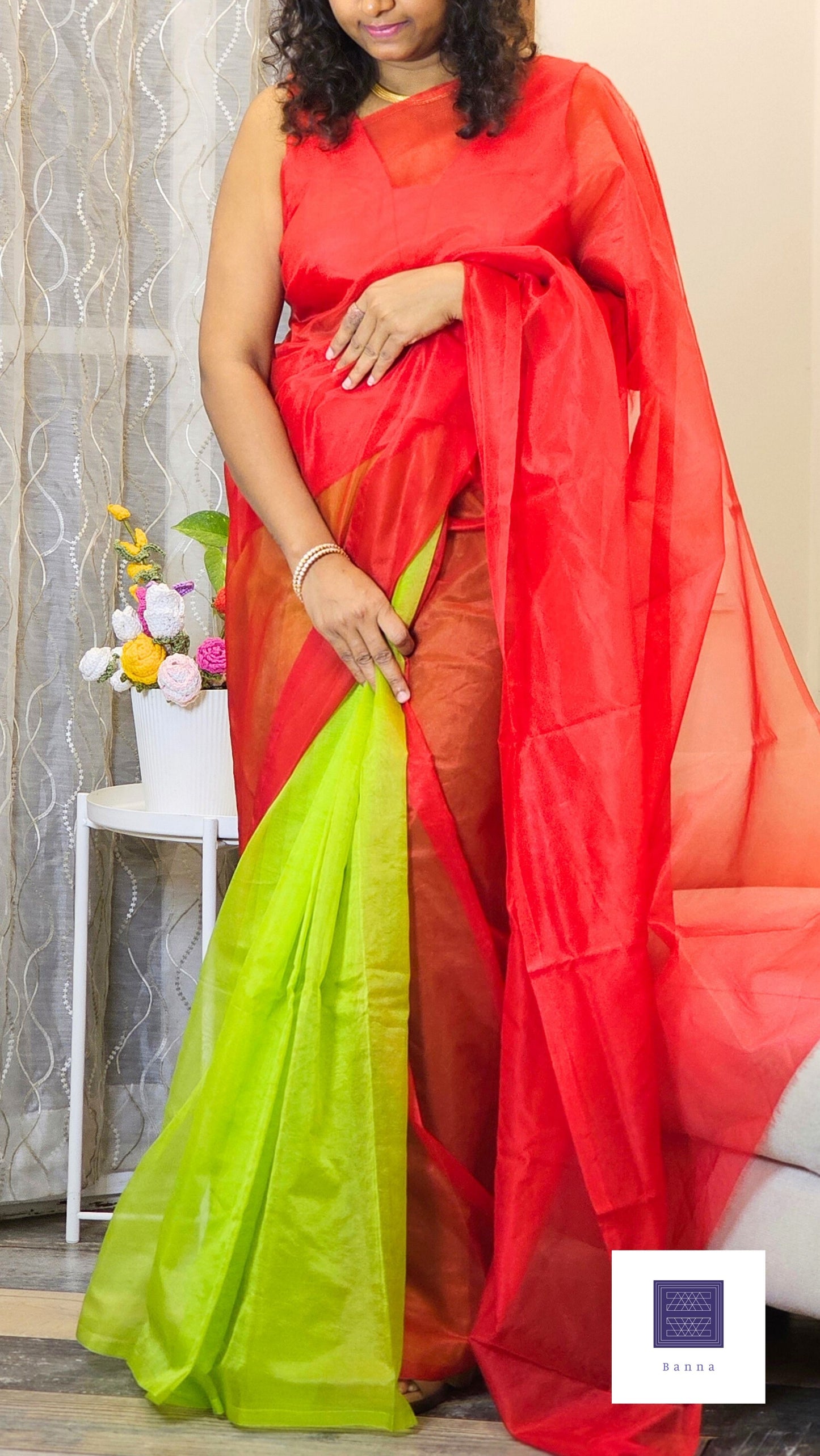 Flamingo Flower - Banna's signature organza saree