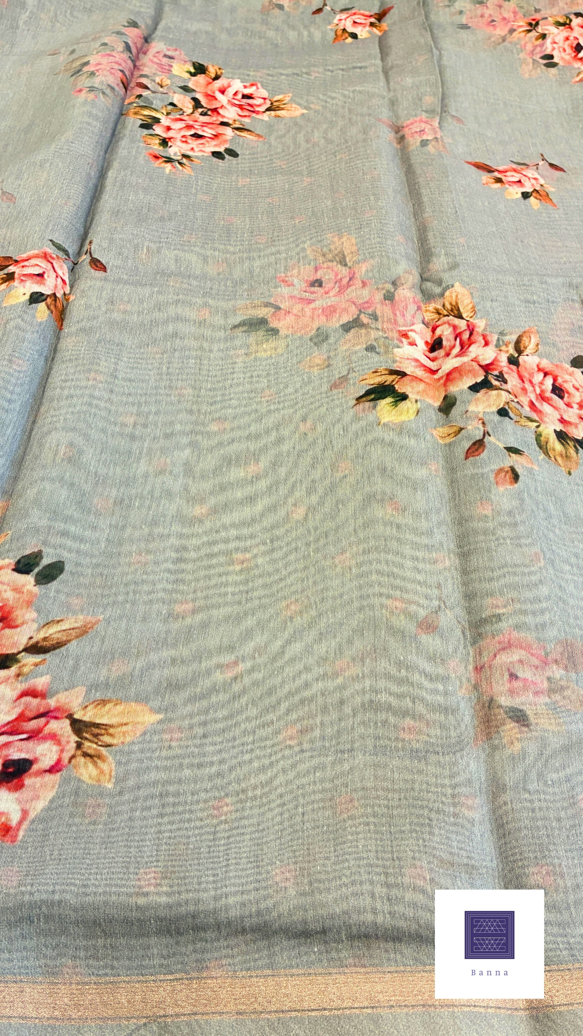 Cotton floral prints saree - Light gray