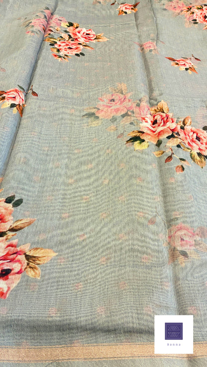 Cotton floral prints saree - Light gray