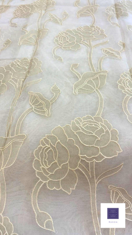 Organza Appliqué Floral Saree - Cream