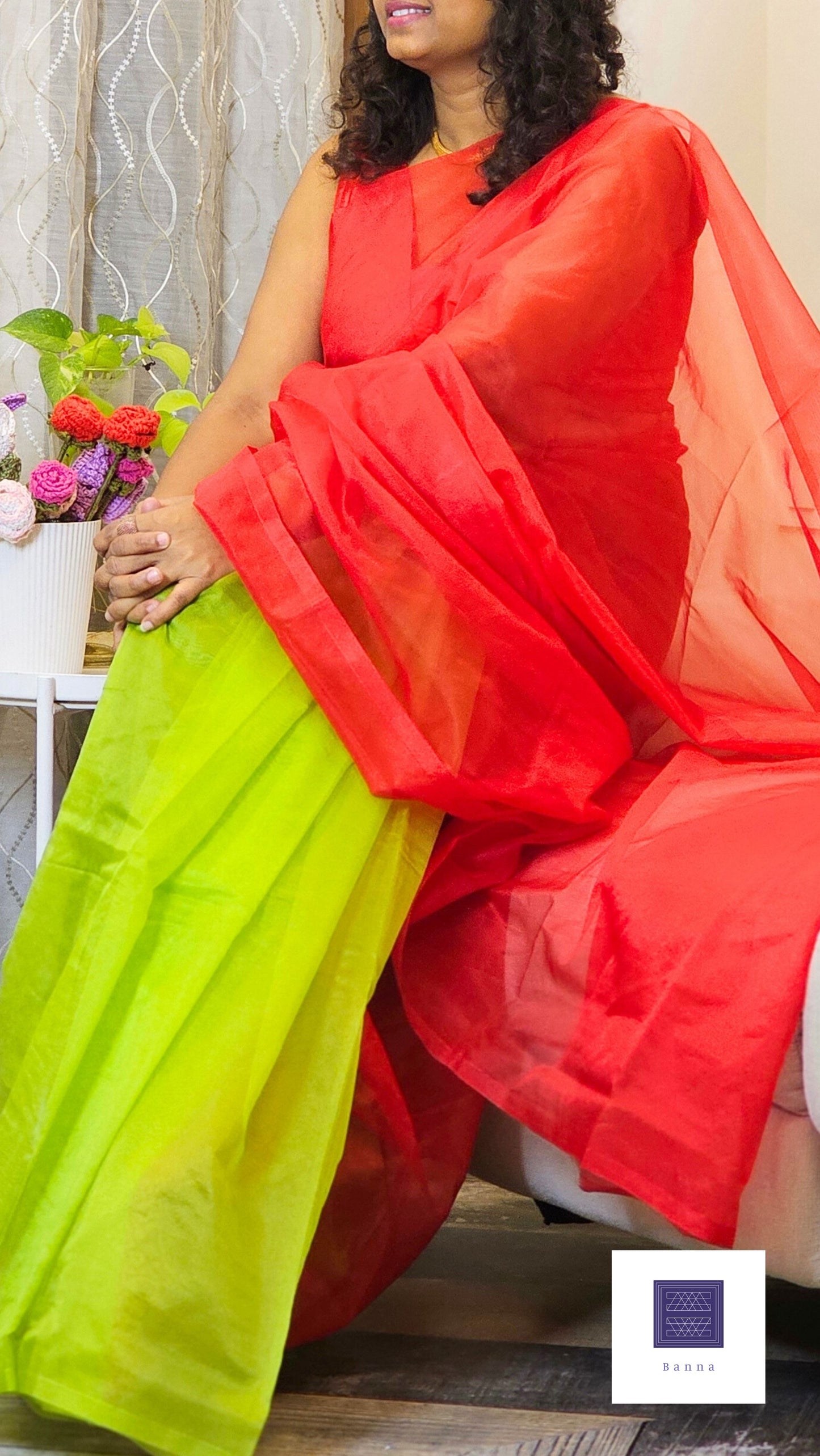 Flamingo Flower - Banna's signature organza saree