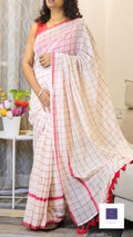 Soft Mul Cotton saree - cream with red checks