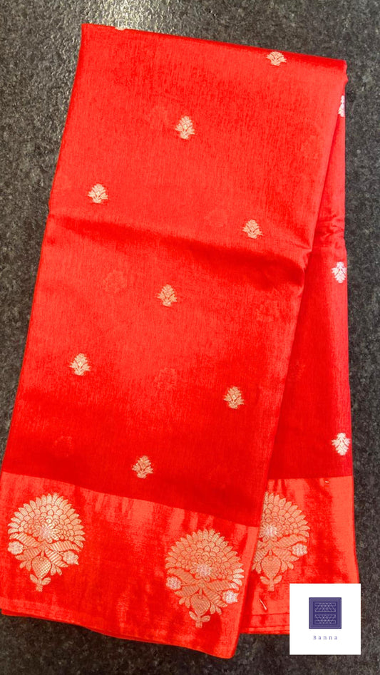 Raw Mango Semi silk saree - Red Flowers