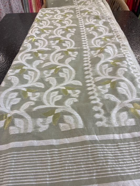 Jamdhani Cotton Saree - Greenish Grey
