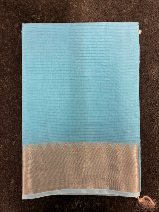 Cotton Saree temple border - Sky blue