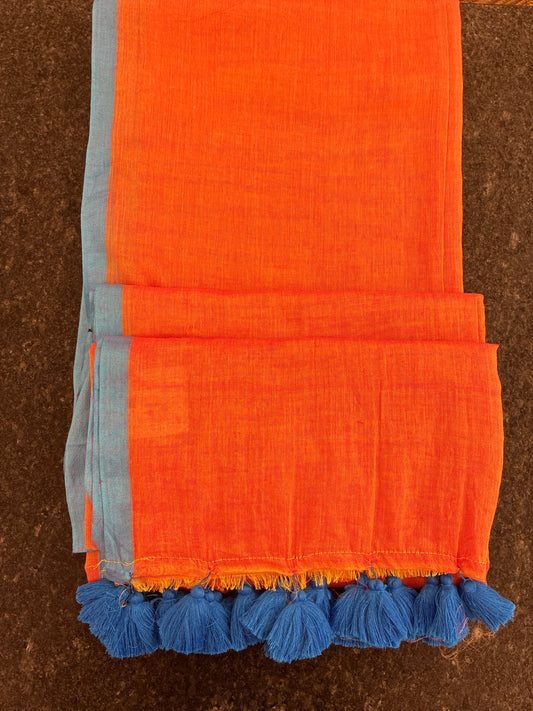 Soft Mul Cotton saree - Orange and blue