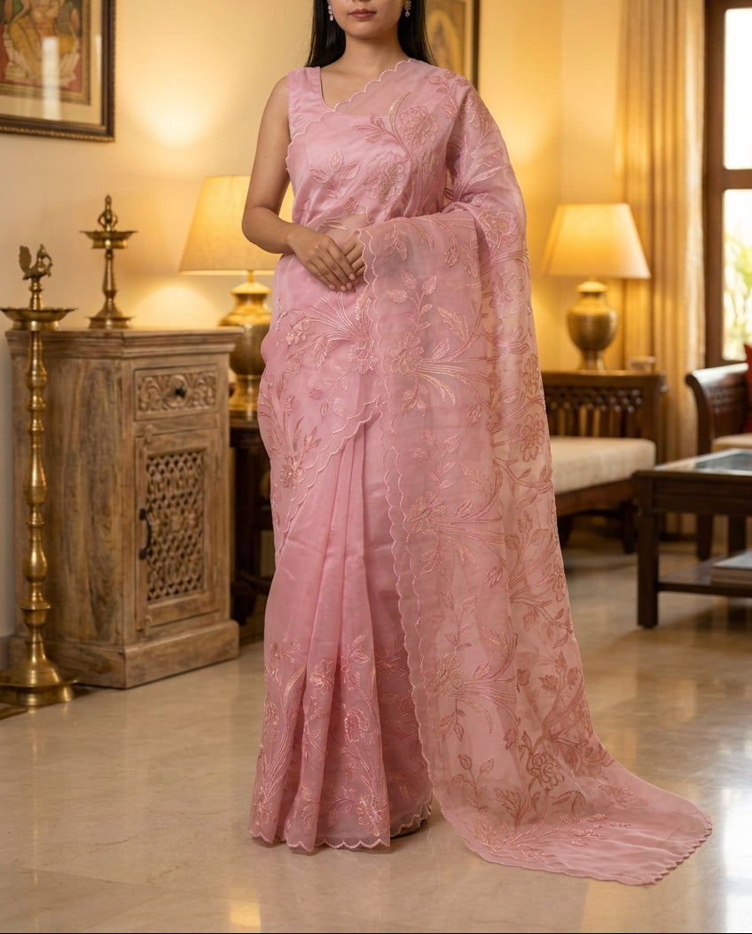 Organza Appliqué Floral Saree - Pink
