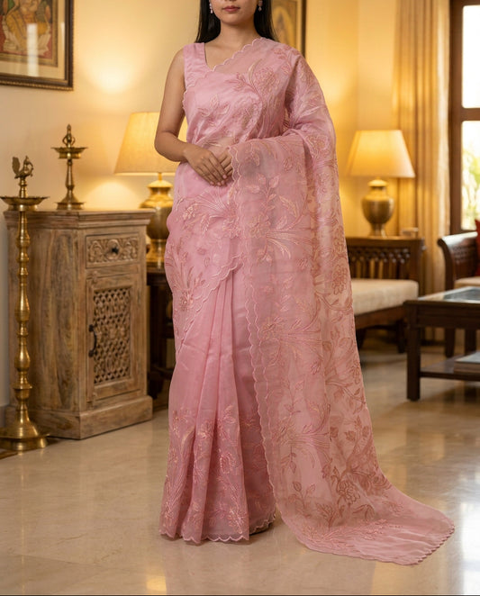 Organza Appliqué Floral Saree - Pink