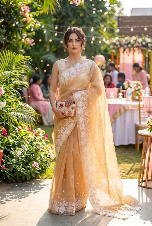 Beige Rose organza saree with cut work