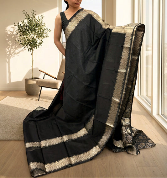 Organza Saree with Double border in bottom - Black