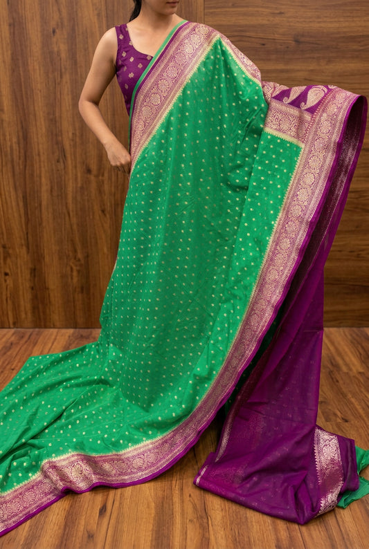 Banarasi Khaddi semi georgette Saree - Classic Combination in Green and Purple