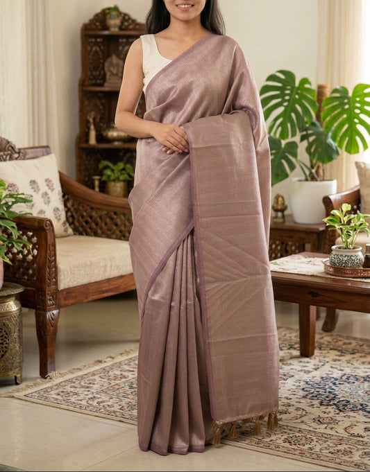 Tissue Saree - Onion color with vertical lines
