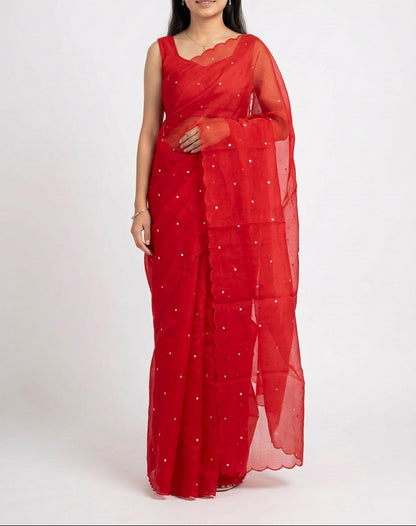 Pure Organza Silk with mirror work - Red, a party saree