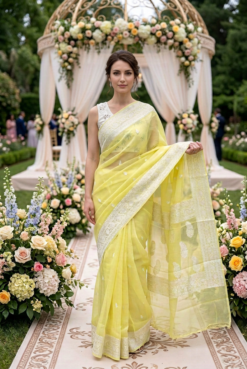 Pure Chiffon Silk saree - Neon Lime green
