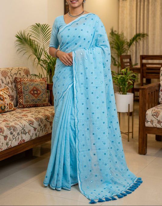 Soft Mul Cotton saree with mirror work and scallop - Sky Blue