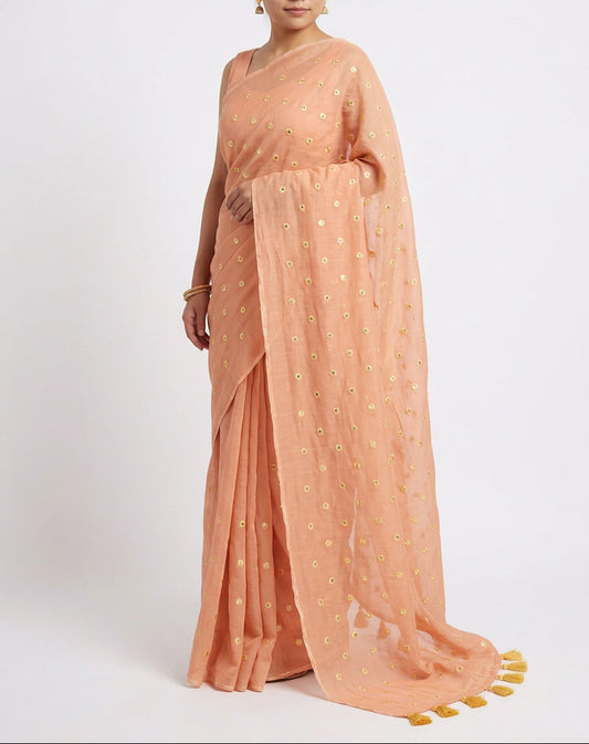 Soft Mul Cotton saree with mirror work and scallop - Beige