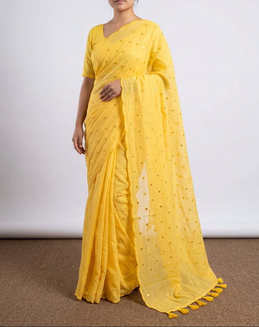 Soft Mul Cotton saree with mirror work and scallop - Yellow