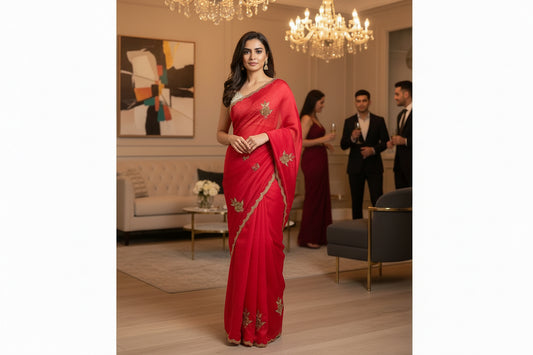 Pure Kora Silk saree with handwork - Red