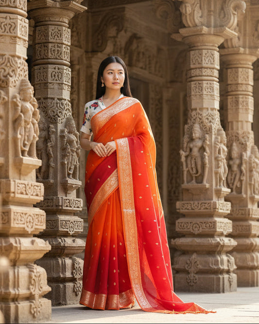 Pure Kora Banaras Ombre Silk Saree - Orange and Red