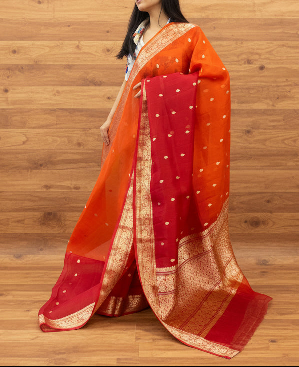 Pure Kora Banaras Ombre Silk Saree - Orange and Red